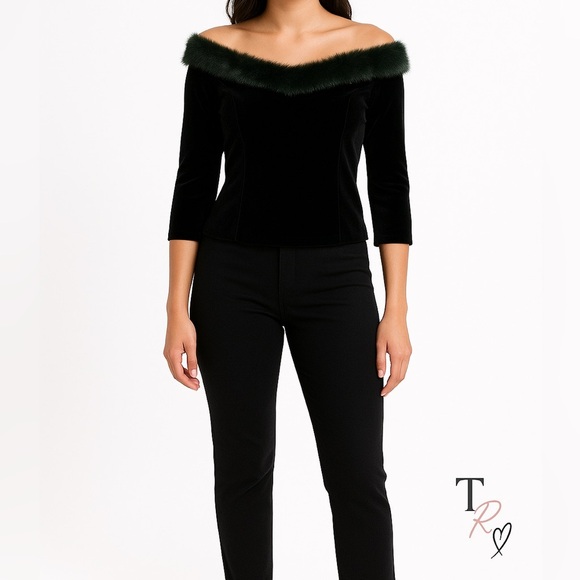 Vintage Patra Off The Shoulder Faux Fur Trim Stretch Velvet Top Size 10 - Picture 1 of 13